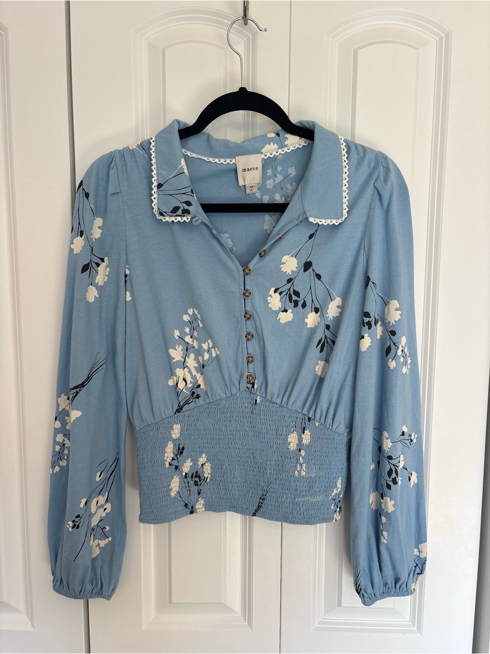 Maeve by Anthropologie Powder Blue Floral Smocked Collared Button-Front Blouse